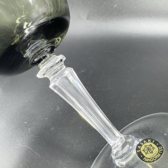 Sasaki Glass Platinum Rim Smokey Green Black Goblet Glasses Cups 7inch Set 2 VTG - Picture 7 of 11